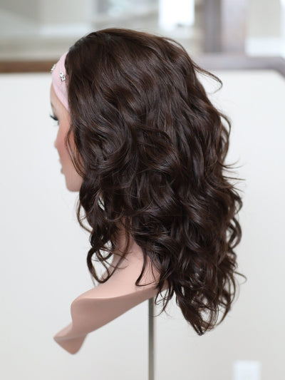 20" Dark Brown Wavy Bandfall Active Wig (M) - Madison Hair Collection