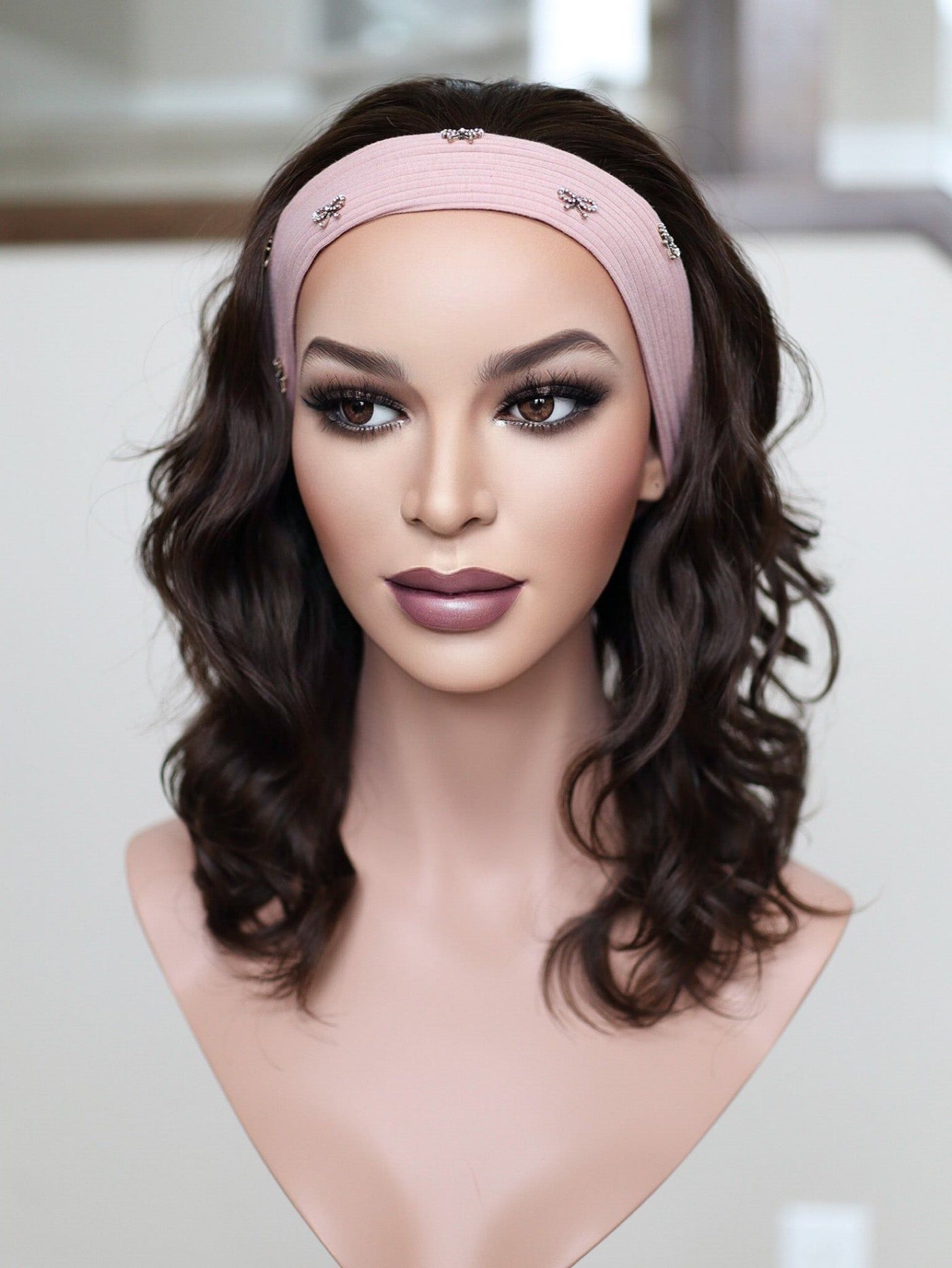 20" Dark Brown Wavy Bandfall Active Wig (M) - Madison Hair Collection