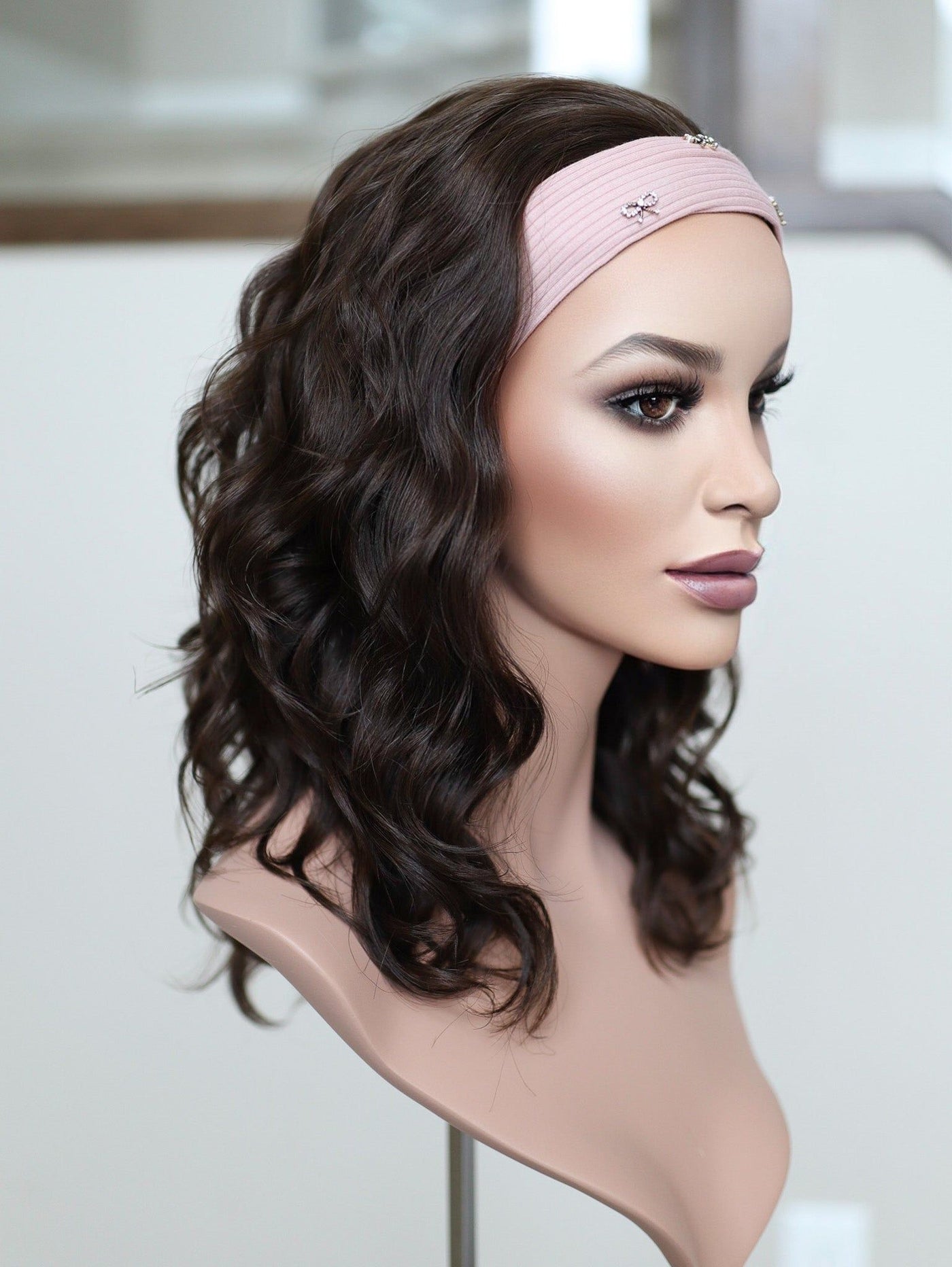 20" Dark Brown Wavy Bandfall Active Wig (S) - Madison Hair Collection
