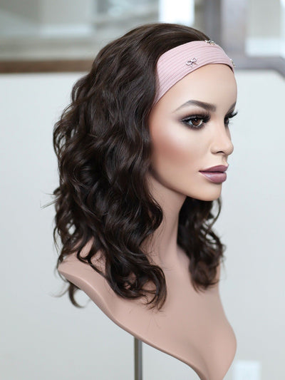 20" Dark Brown Wavy Bandfall Active Wig (S) - Madison Hair Collection