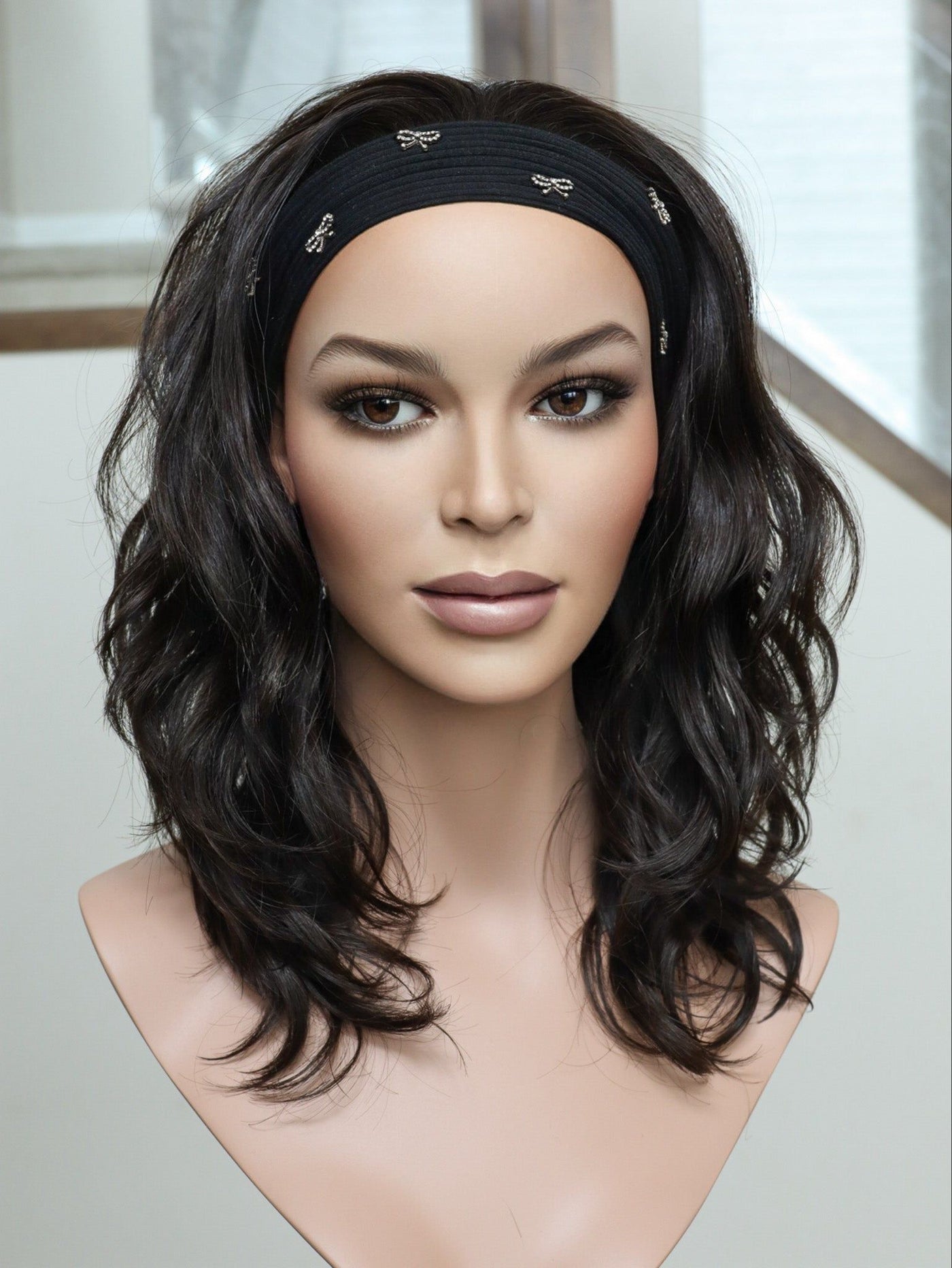 20" Darkest Brown Wavy Bandfall Active Wig (M) - Madison Hair Collection