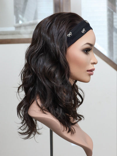 20" Darkest Brown Wavy Bandfall Active Wig (M) - Madison Hair Collection