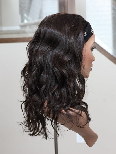 20" Darkest Brown Wavy Bandfall Active Wig (M) - Madison Hair Collection