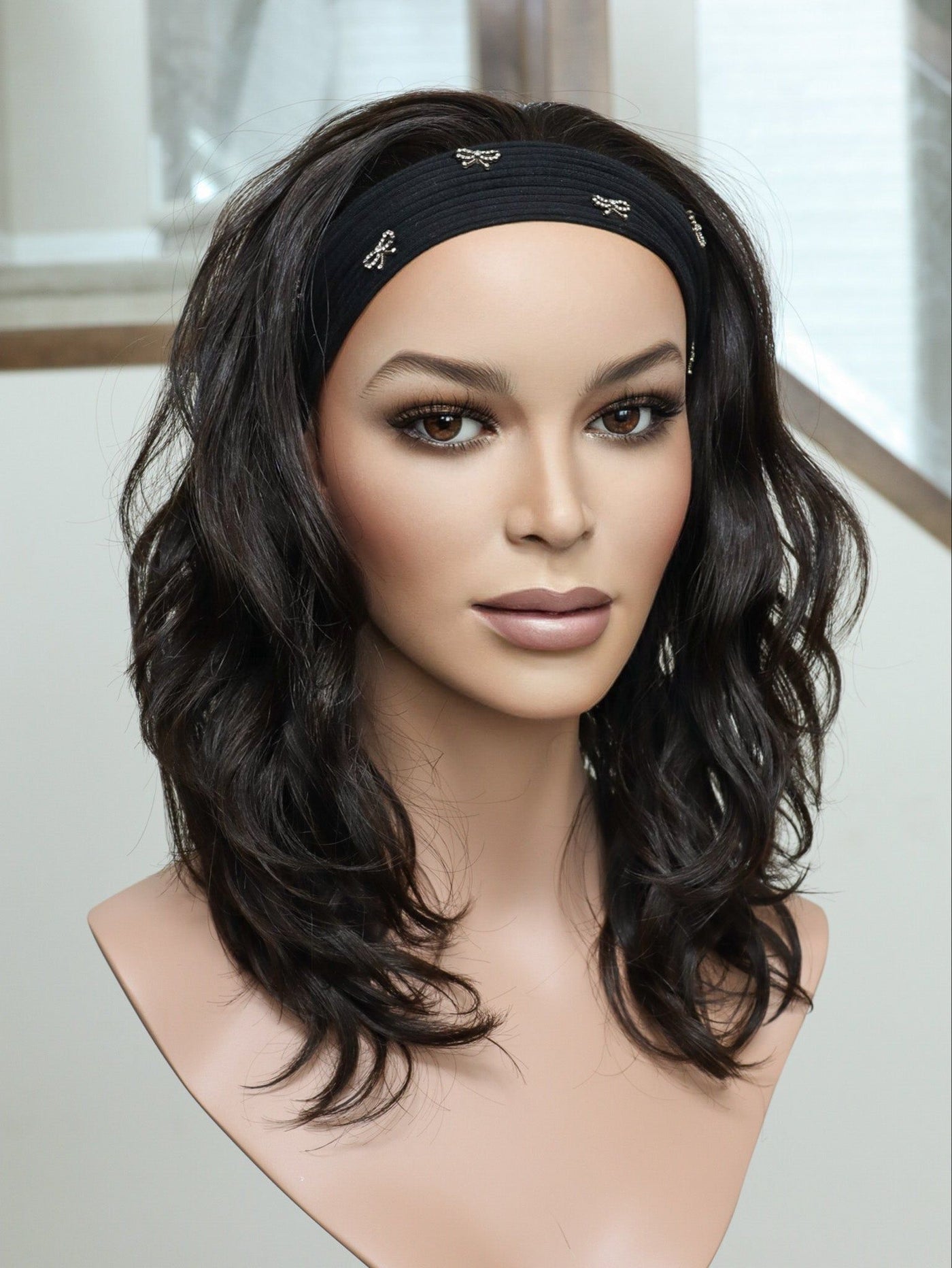 20" Darkest Brown Wavy Bandfall Active Wig (M) - Madison Hair Collection