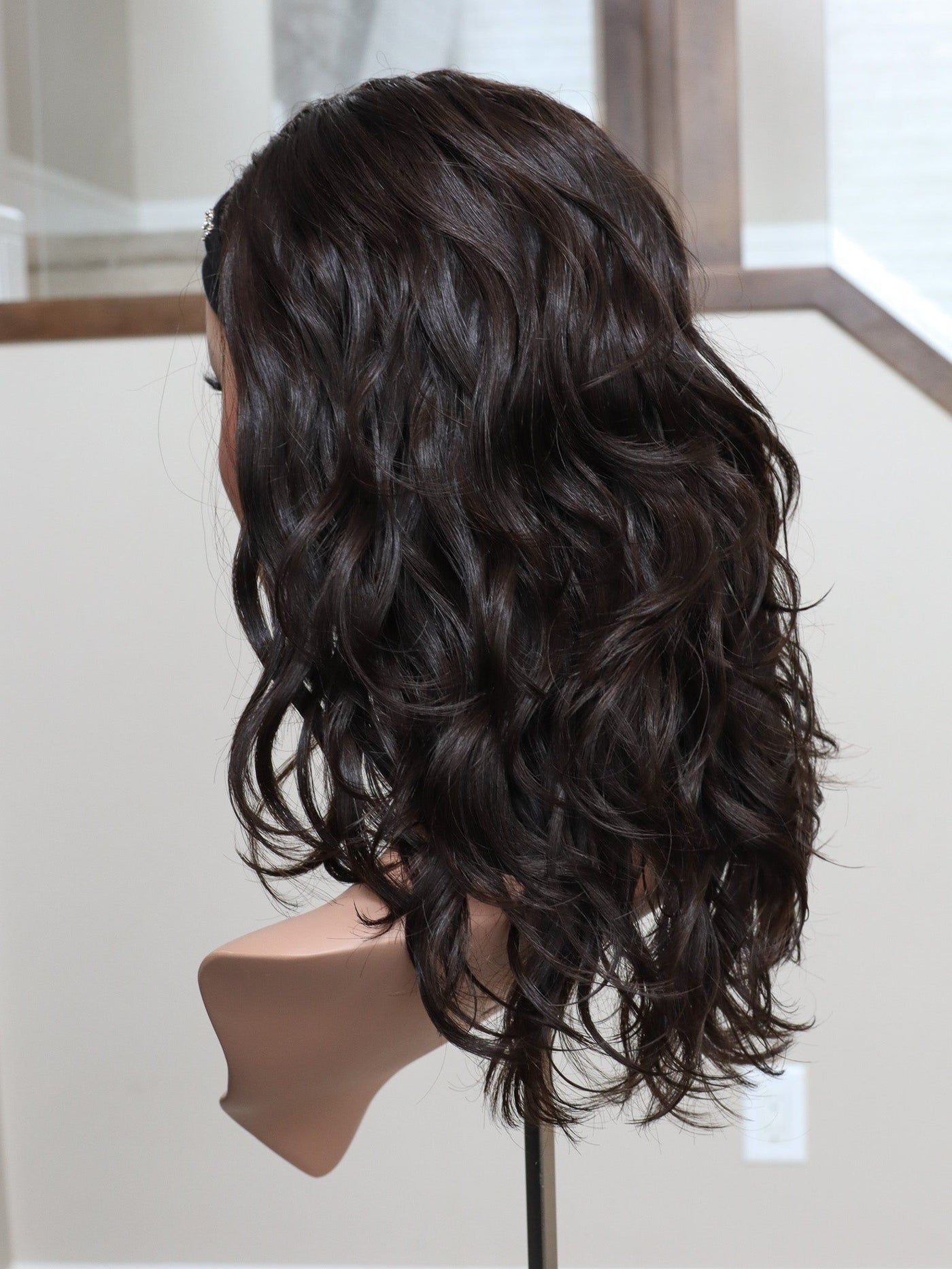 20" Darkest Brown Wavy Bandfall Active Wig (M) - Madison Hair Collection