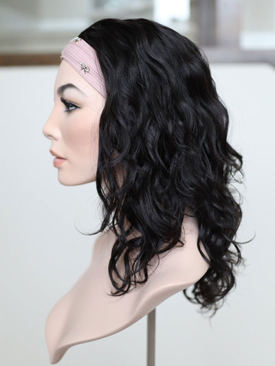 20" Natural Black Wavy Bandfall Active Wig (M) - Madison Hair Collection