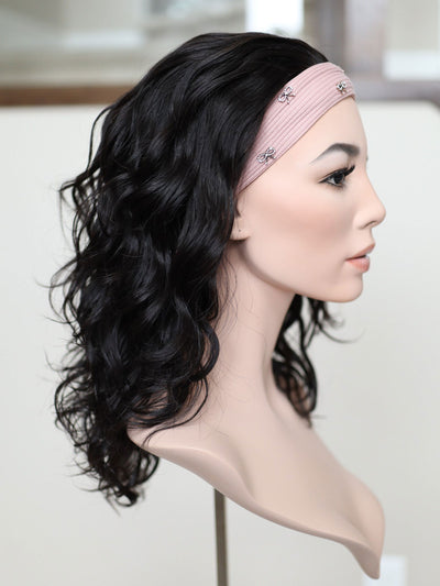 20" Natural Black Wavy Bandfall Active Wig (M) - Madison Hair Collection