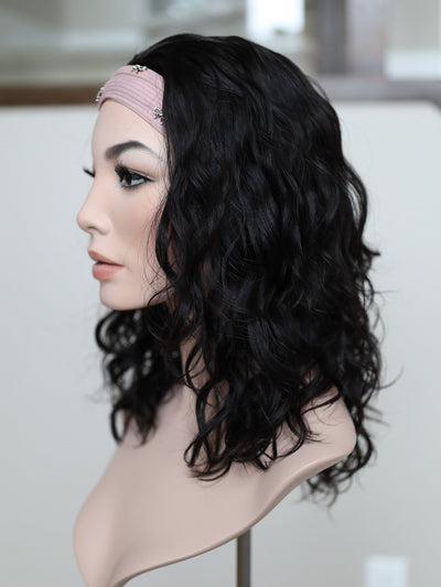20" Natural Black Wavy Bandfall Active Wig (M) - Madison Hair Collection