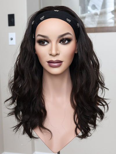 22" Darkest Brown Wavy Bandfall Active Wig (M) - Madison Hair Collection