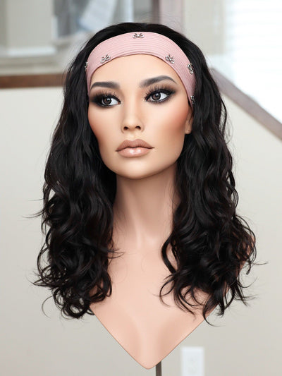 22" Natural Black Wavy Bandfall Active Wig (M) - Madison Hair Collection