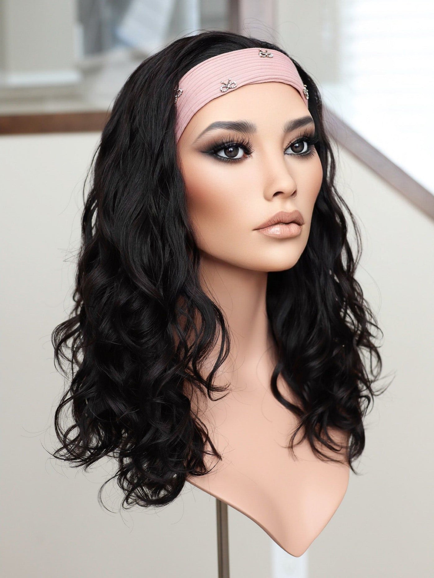 22" Natural Black Wavy Bandfall Active Wig (M) - Madison Hair Collection