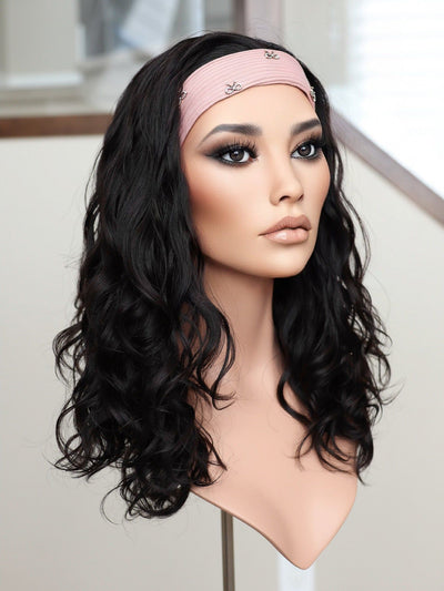 22" Natural Black Wavy Bandfall Active Wig (M) - Madison Hair Collection