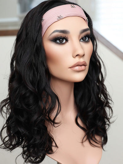 22" Natural Black Wavy Bandfall Active Wig (M) - Madison Hair Collection