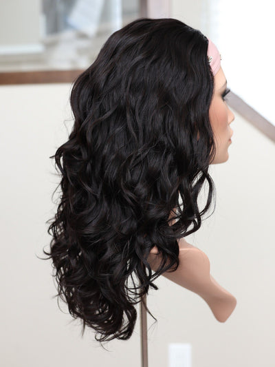 22" Natural Black Wavy Bandfall Active Wig (M) - Madison Hair Collection