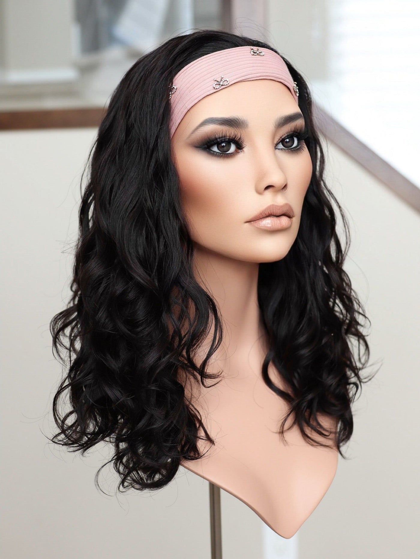 22" Natural Black Wavy Bandfall Active Wig (S) - Madison Hair Collection